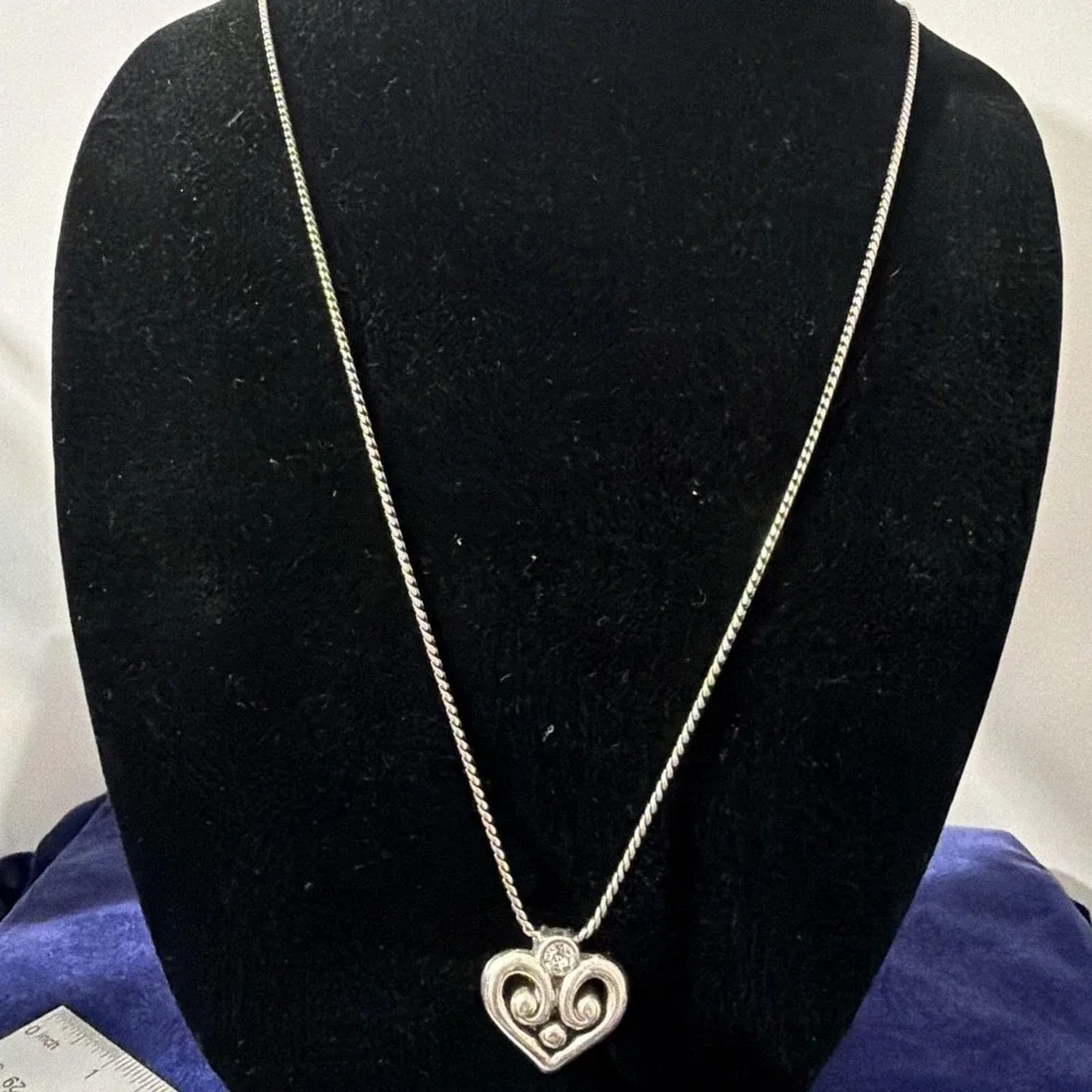Brighton ALCAZAR Silver Scrolled Heart Crystal Long Necklace Badge Holder 32